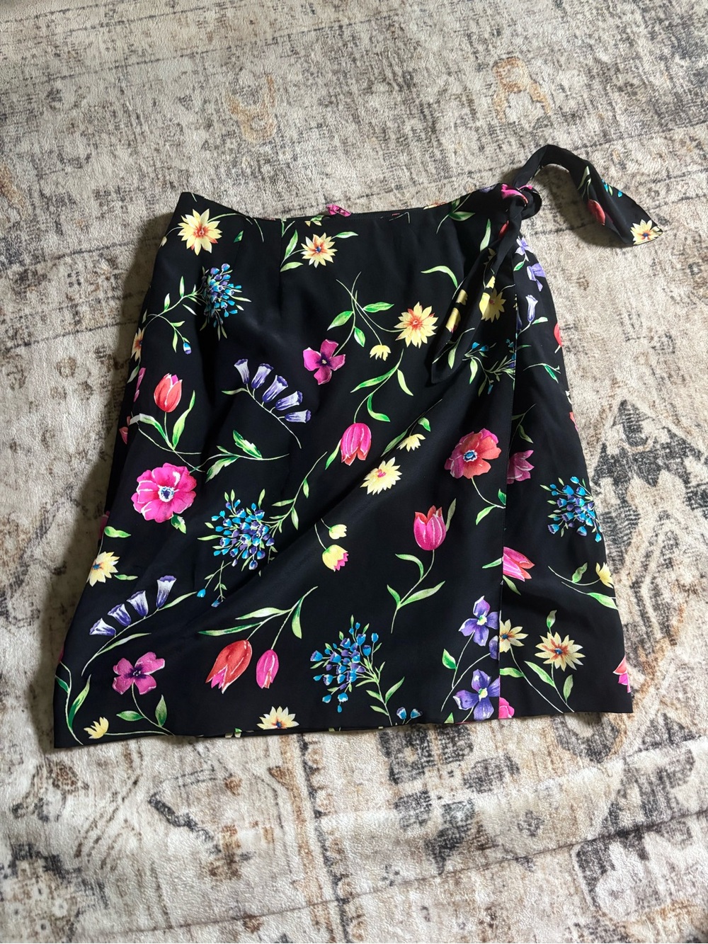 Floral Wrap Mini Skirt - Black with Multicolor Flowers